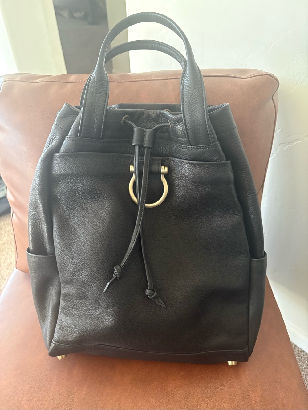 Sapahn Addis Black Leather Drawstring Backpack with Plated Brass Accent Ring